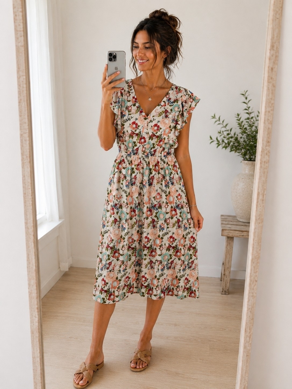 DR2 Cream Floral V-Neck Midi Dress - Picture 2 of 5